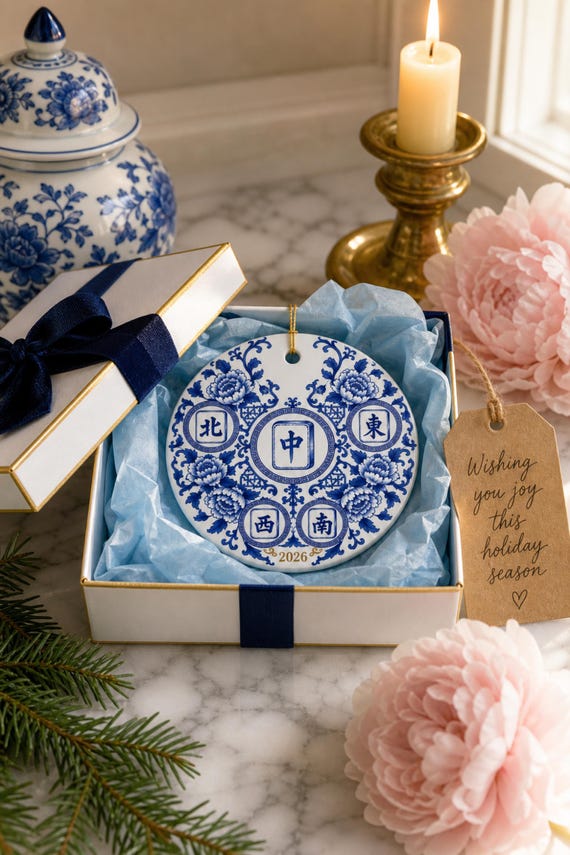 Mahjong Christmas Ornament: Blue and White Chinoiserie Porcelain Look Ceramic, Double Sided Wind Tiles detail