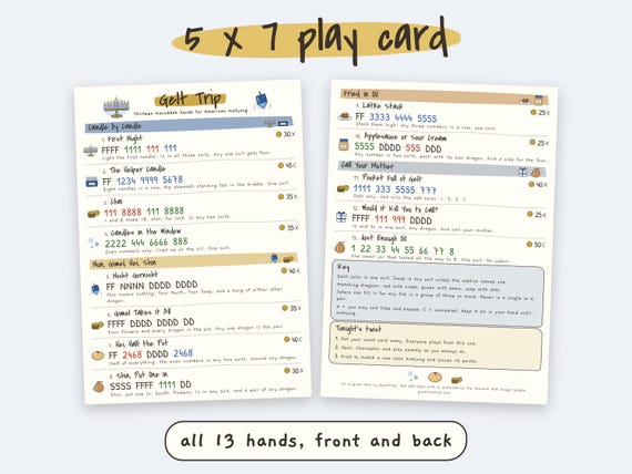 Hanukkah Mahjong Card: 13 Printable Hands, Jewish Mah Jongg Game Night, Chanukah Gift, Ink Saver detail