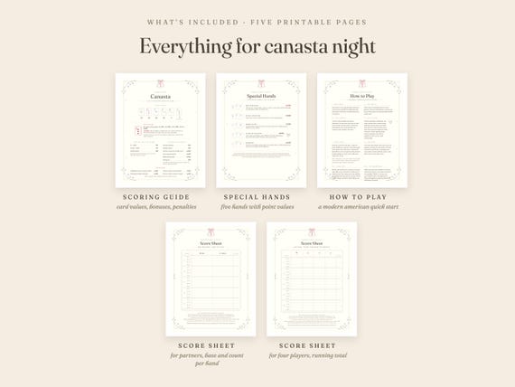 Canasta Score Sheets Printable Modern American Rules Guide US Letter A4 Digital Download detail