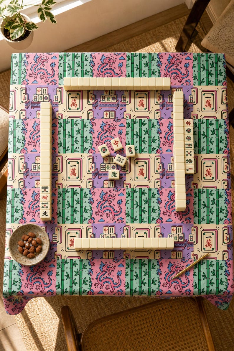 Mahjong Tablecloth Square Tile Print Table Cover Game Night Hostess