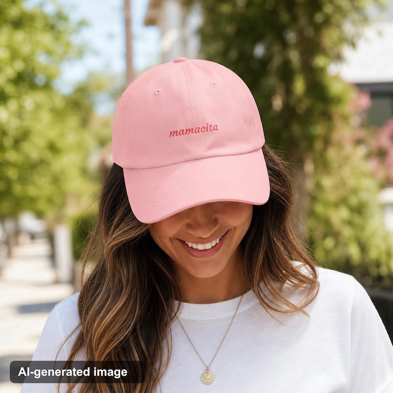 Woman wearing pink mamacita embroidered hat smiling in sunny neighborhood casual outfit