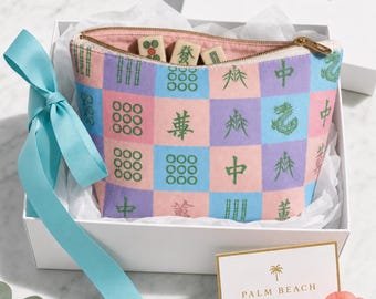 Pastel Mahjong Tile Bag Canvas Cosmetic Pouch Fits Full Set Preppy Game Night Travel Organizer