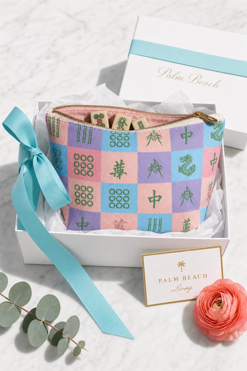 Pastel Mahjong Tile Bag Canvas Cosmetic Pouch Fits Full Set Preppy Game Night Travel Organizer