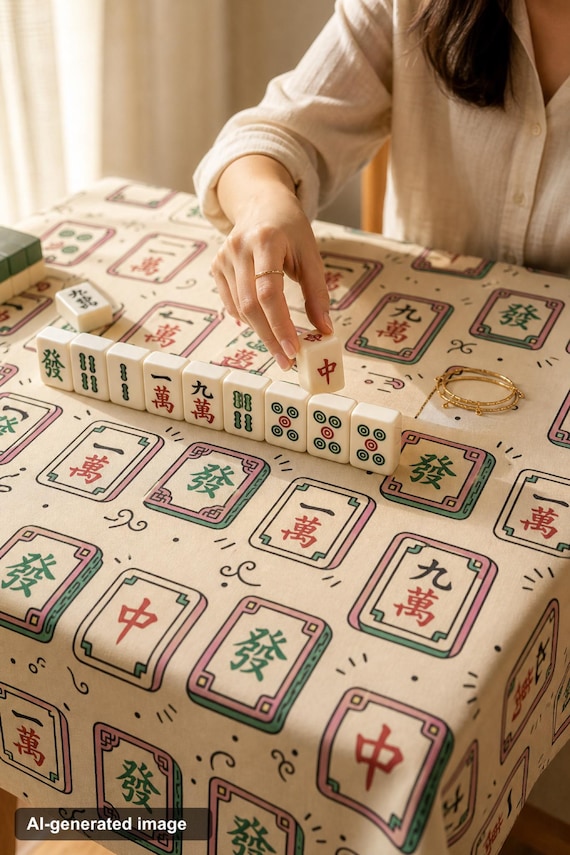Mahjong Tablecloth Square Tile Print Table Cover Game Night Decor Hostess detail