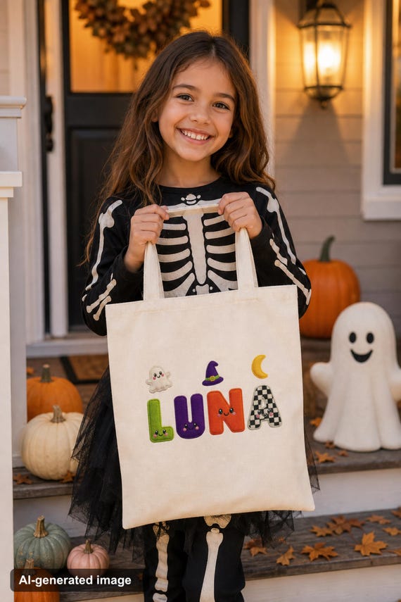 Personalized Halloween Trick or Treat Bag Custom Name Kids Candy Tote Cute Ghost Pumpkin Canvas Bag for Toddler Boy Girl Halloween Gift detail
