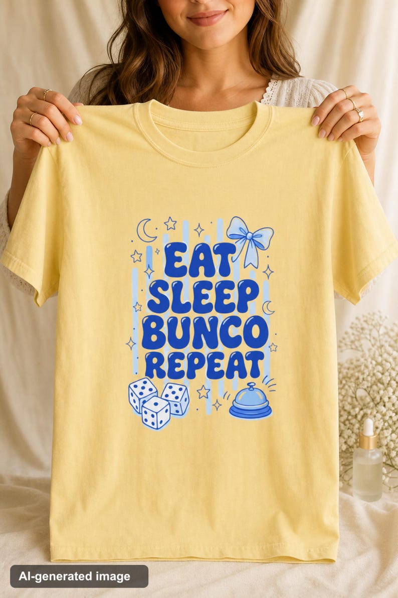 'Eat Sleep Bunco Repeat' bunco dice graphic tee held flat facing camera showing full chest print — bunco gift tee displayed by hands in a warm wellness editorial scene.