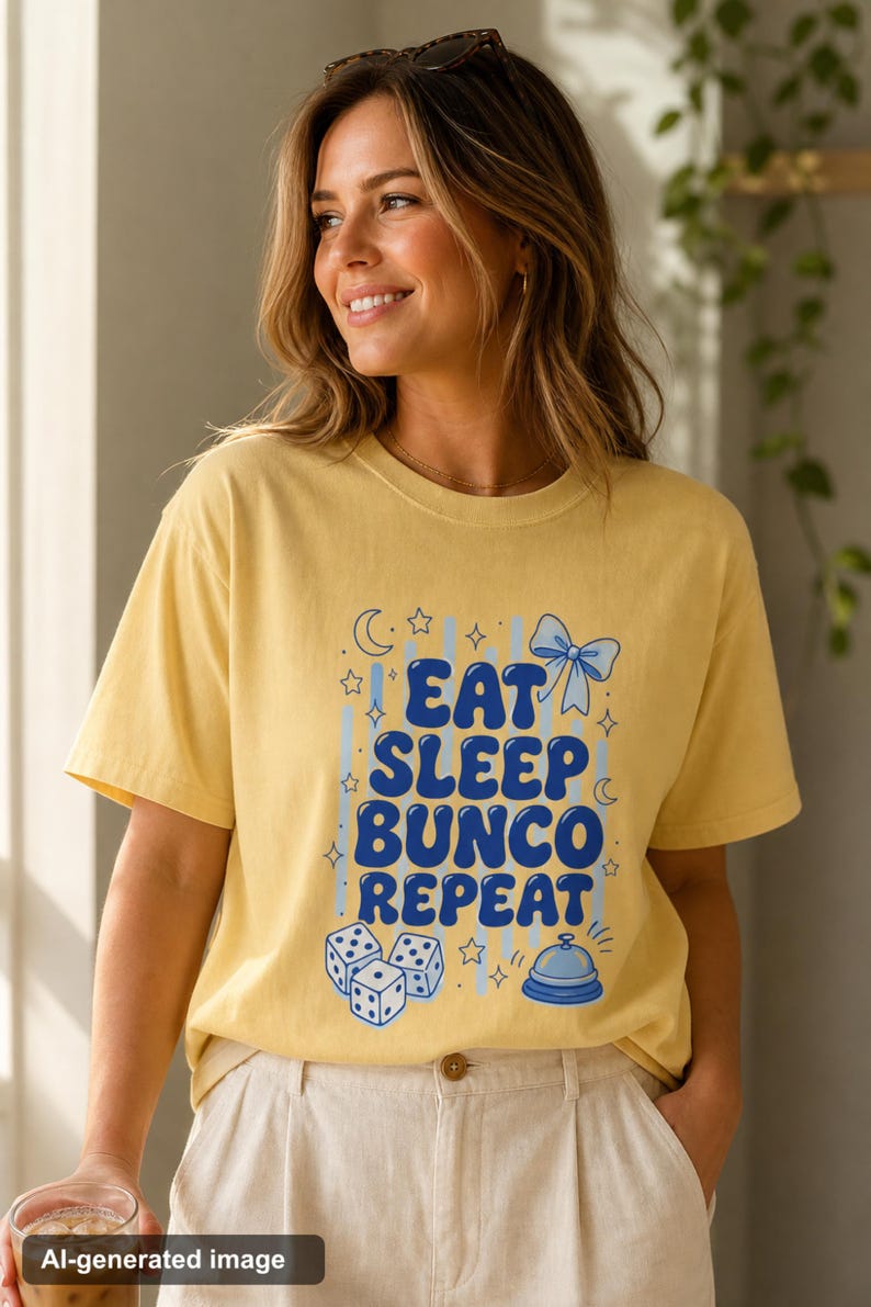 'Eat Sleep Bunco Repeat' bunco dice graphic tee worn by a woman in a warm sunlit interior — bunco lifestyle gift shirt on model, chest print fully legible, editorial wellness portrait.