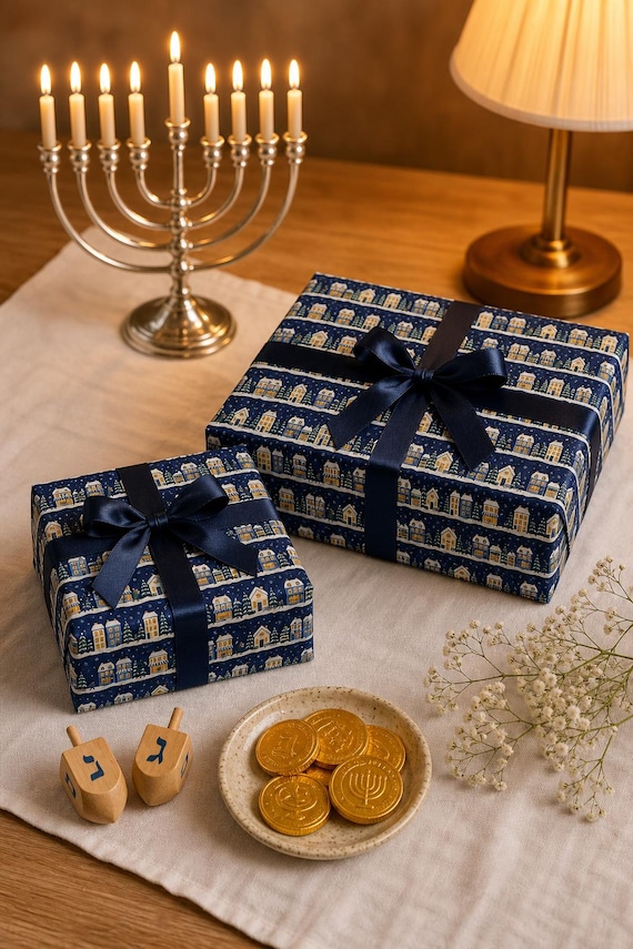 Hanukkah Wrapping Paper: Snowy Village, Menorah Windows, Navy Gift Wrap Roll, 3 Sizes detail