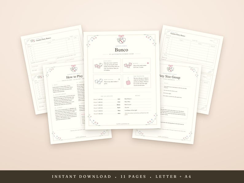 Bunco Score Sheets Printable: Garden Party Host Kit, Table Tally, Rules Guide, Invitation, Letter A4