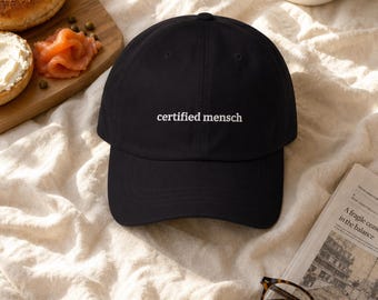 Jewish Hat: Certified Mensch Embroidered Dad Cap, Yiddish Humor, Adjustable Cotton Twill