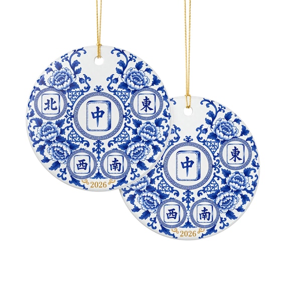 Mahjong Christmas Ornament: Blue and White Chinoiserie Porcelain Look Ceramic, Double Sided Wind Tiles detail