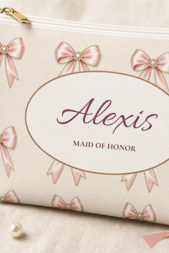 Personalized Bridesmaid Makeup Bag Custom Name Bridal Party Cosmetic Pouch Pink Bow detail