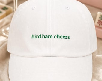 Bird Bam Cheers Mahjong Hat: Embroidered Denim Cap or Cotton Twill, Green or White Thread