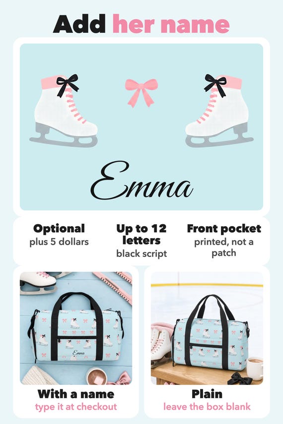 Ice Skating Bag: Figure Skate Duffle with Shoe Compartment, Blue Pink Bows Print detail