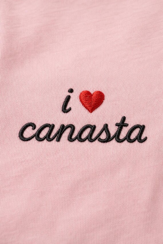 I Heart Canasta Top: Embroidered Shirt, Card Game Tee, Red Cursive Script, Womens Relaxed Fit detail