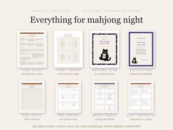 Halloween Mahjong Party Set Printable Mahjong Rules for Beginners Cheat Sheet Score Tracker Editable Invitation Charleston Guide Download detail