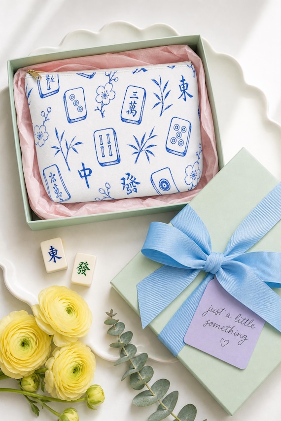 Mahjong Tile Print Makeup Bag Blue White Canvas Cosmetic Pouch Travel Organizer detail