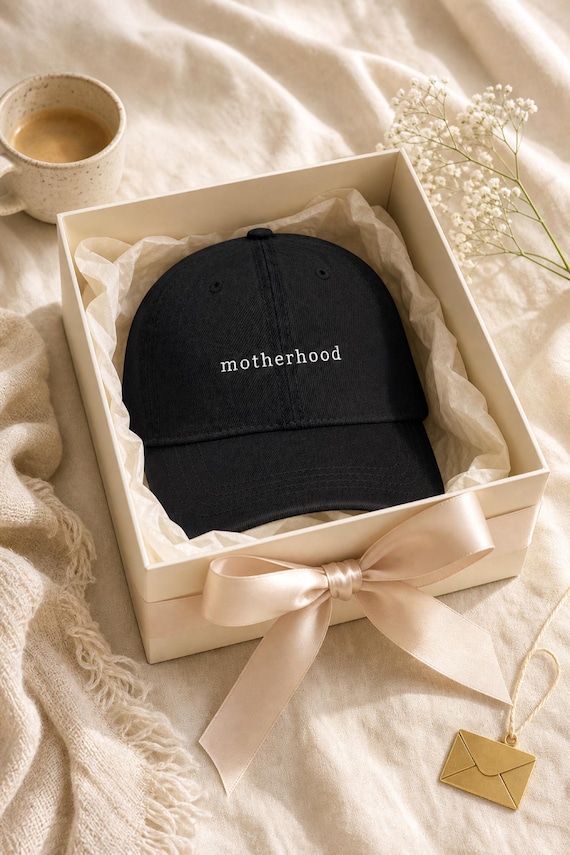 Motherhood Denim Hat Embroidered Minimalist Mom Cap Mothers Day detail