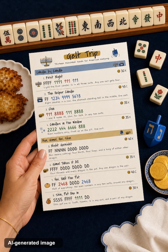 Hanukkah Mahjong Card: 13 Printable Hands, Jewish Mah Jongg Game Night, Chanukah Gift, Ink Saver detail