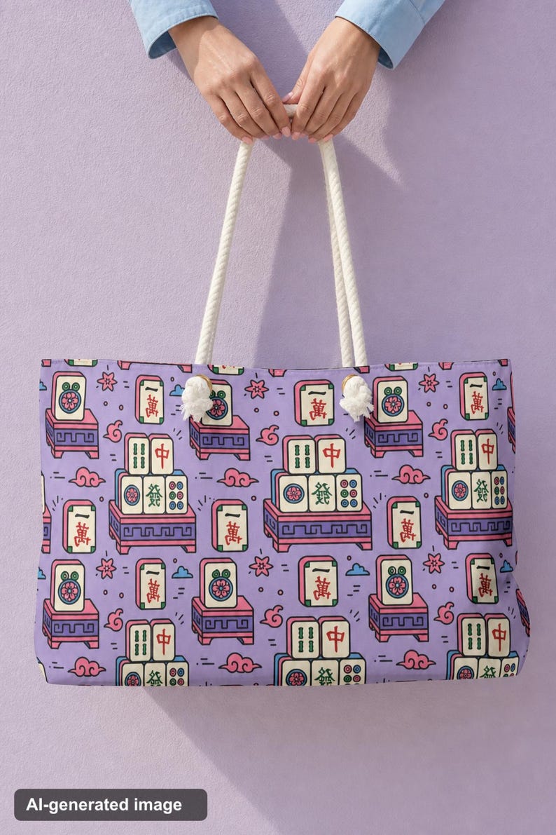 Mahjong Travel Duffel Bag Tile Print Weekender Overnight Carryall Game Night