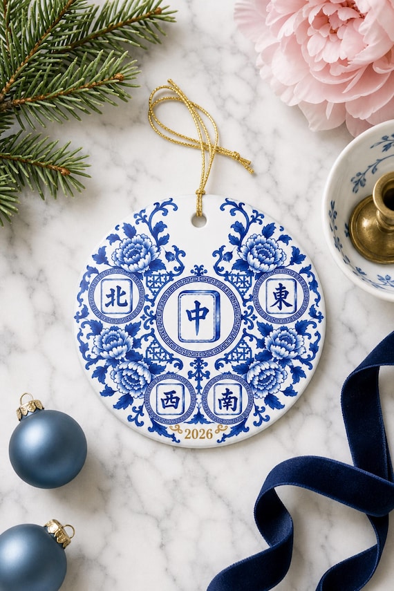 Mahjong Christmas Ornament: Blue and White Chinoiserie Porcelain Look Ceramic, Double Sided Wind Tiles detail
