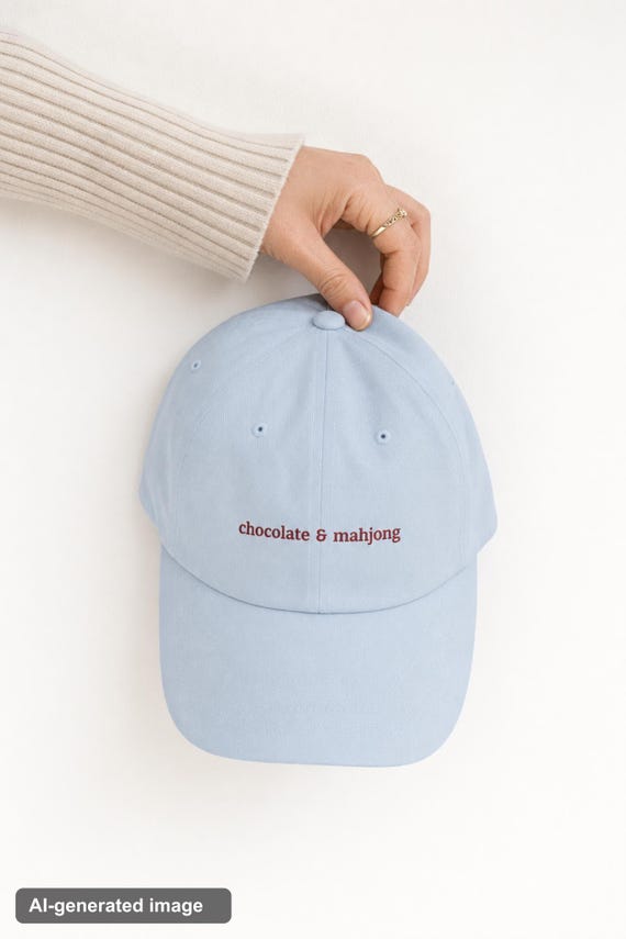 Funny Mahjong Hat Chocolate and Mahjong Embroidered Cap Cotton Twill Game Night detail