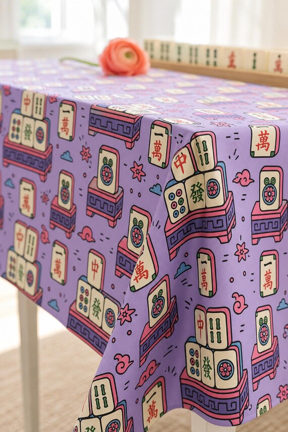 Mahjong Tablecloth Square Tile Print Table Cover Game Night Hostess detail