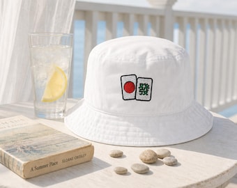 Mahjong Bucket Hat Embroidered Tile Design Cotton Summer Cap Game Night