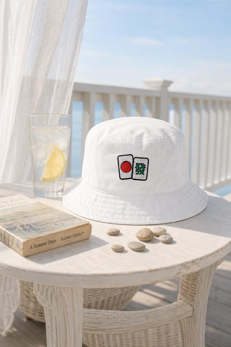 Mahjong Bucket Hat Embroidered Tile Design Cotton Summer Cap Game Night