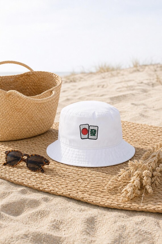 Mahjong Bucket Hat Embroidered Tile Design Cotton Summer Cap Game Night detail