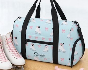 Ice Skating Bag: Figure Skate Duffle with Shoe Compartment, Blue Pink Bows Print
