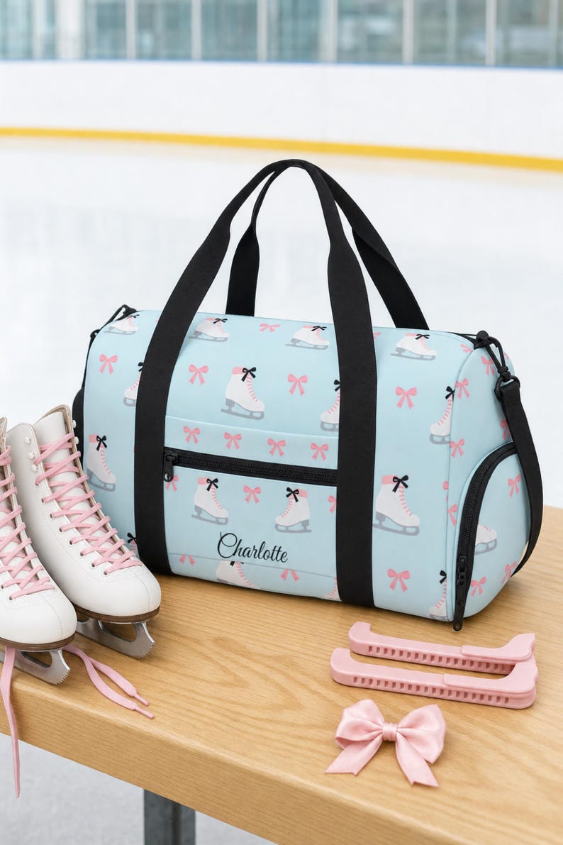 Ice Skating Bag: Figure Skate Duffle with Shoe Compartment, Blue Pink Bows Print