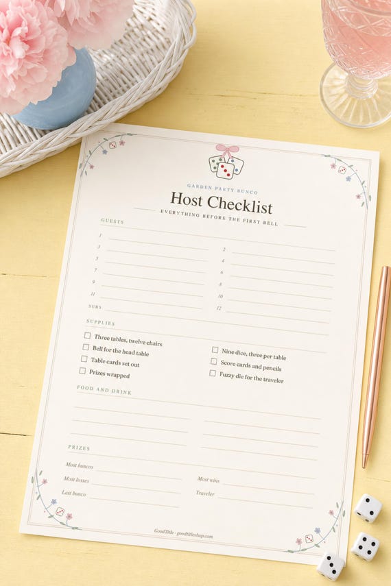 Bunco Score Sheets Printable: Garden Party Host Kit, Table Tally, Rules Guide, Invitation, Letter A4 detail