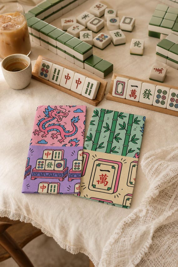 Bachelorette Mahjong Cocktail Napkins Set of 4 Tile Print Cotton Game Night Table Decor detail