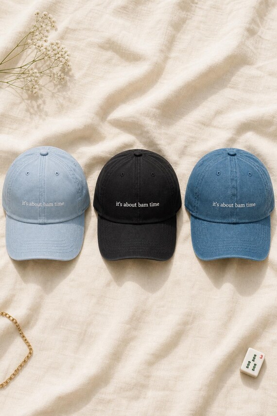 Bam Time Mahjong Denim Hat Embroidered Cap Game Night Tile Lover detail