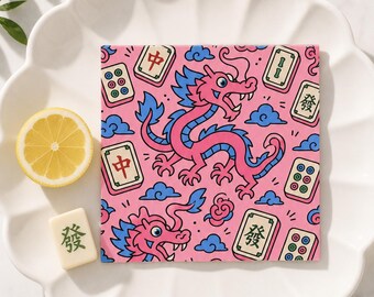 Dragon Mahjong Cocktail Napkins Set of 4 Bold Tile Print Game Night Hostess