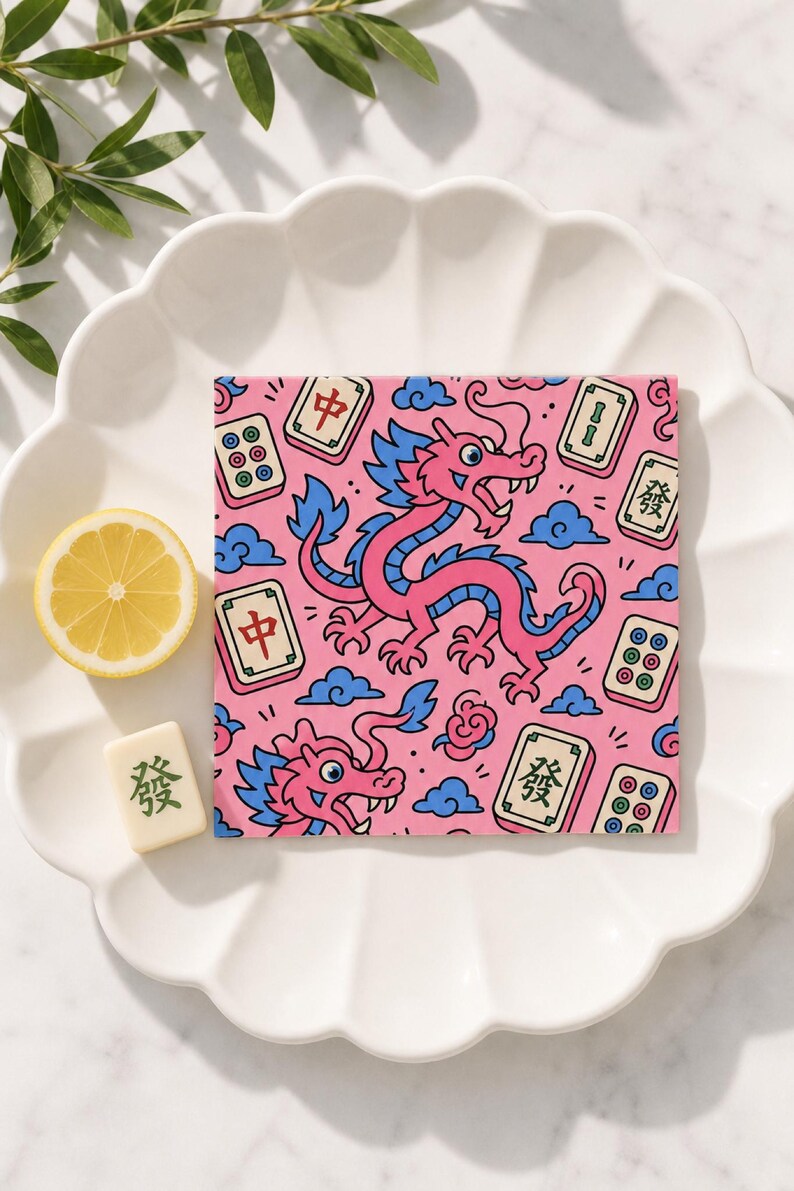 Dragon Mahjong Cocktail Napkins Set of 4 Bold Tile Print Game Night Hostess
