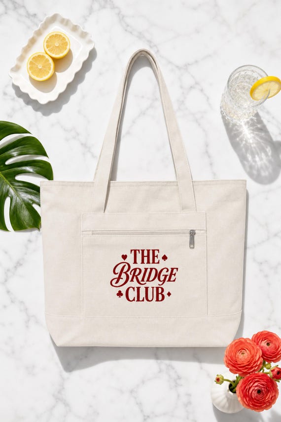Bridge Club Tote Bag Zippered Canvas Card Game Natural Cotton detail
