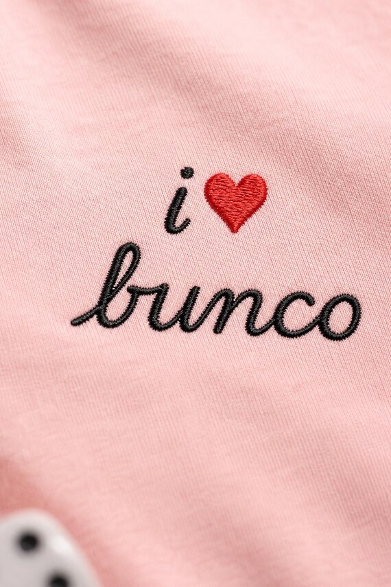 I Heart Bunco Tee: Embroidered Shirt for Bunko Players, Red Cursive Script, Womens Relaxed Fit detail