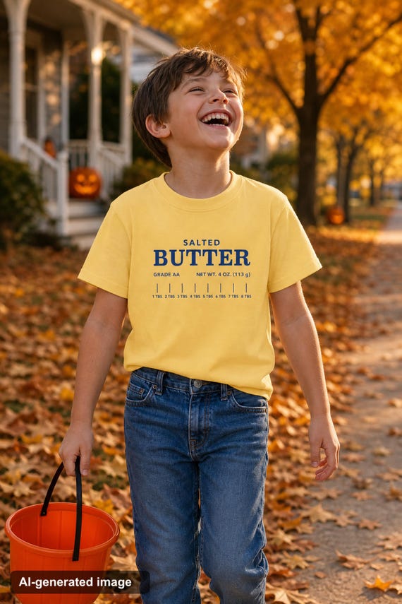 Salted Butter Costume Kids Shirt: Easy Halloween Tee, Toddler to Youth, All Over Print Jersey detail