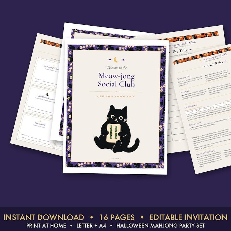 Halloween Mahjong Party Set Printable Mahjong Rules for Beginners Cheat Sheet Score Tracker Editable Invitation Charleston Guide Download