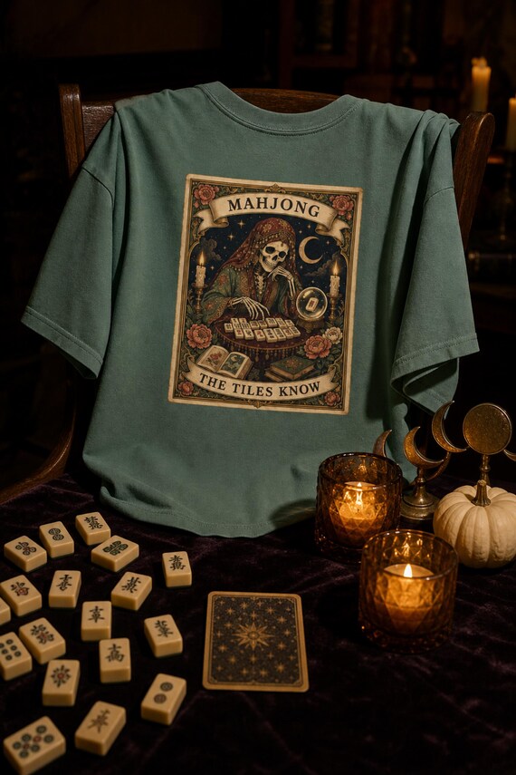 Mahjong Tarot Card Shirt The Tiles Know Skeleton Fortune Teller Comfort Colors Garment Dyed Tee Halloween Game Night Gift detail