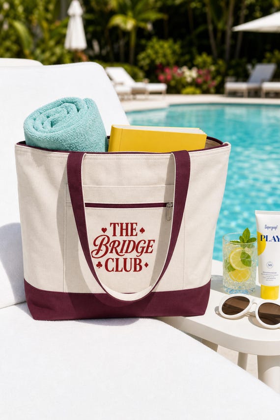 Bridge Club Tote Bag Zippered Canvas Card Game Natural Cotton detail