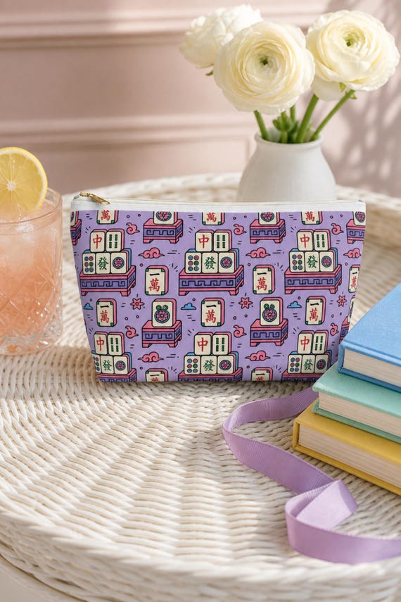 Mahjong Tile Print Makeup Bag Canvas Cosmetic Pouch Fits Full Set Travel Organizer detail