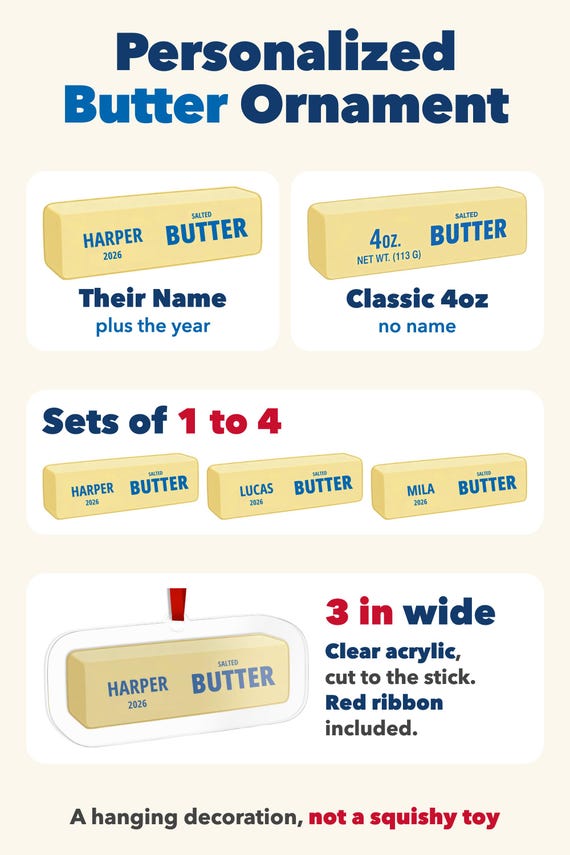 Butter Ornament Personalized: Squishy Salted Stick, Custom Name Cut Acrylic, Sibling Set detail