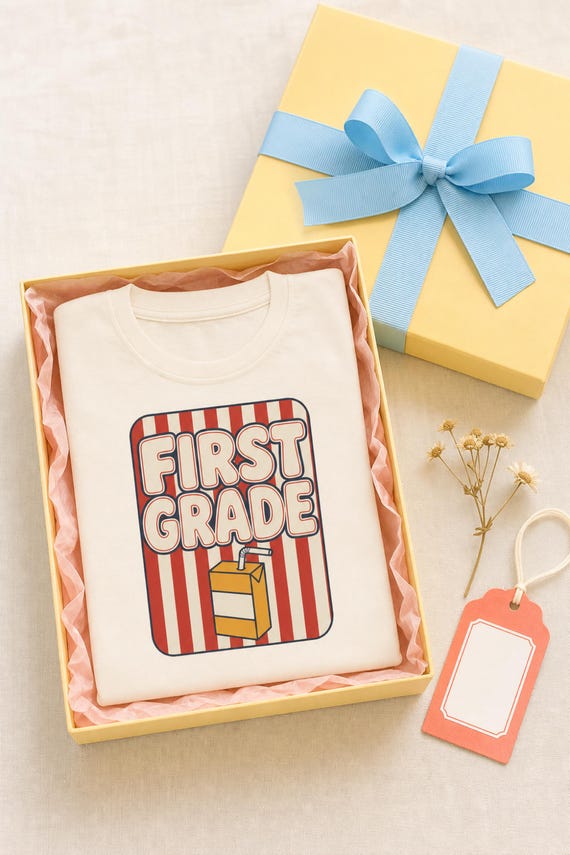 First Grade Shirt Boys Girls Retro Groovy Back to School Tee Juice Box Graphic First Day Outfit Youth Kids Gift detail
