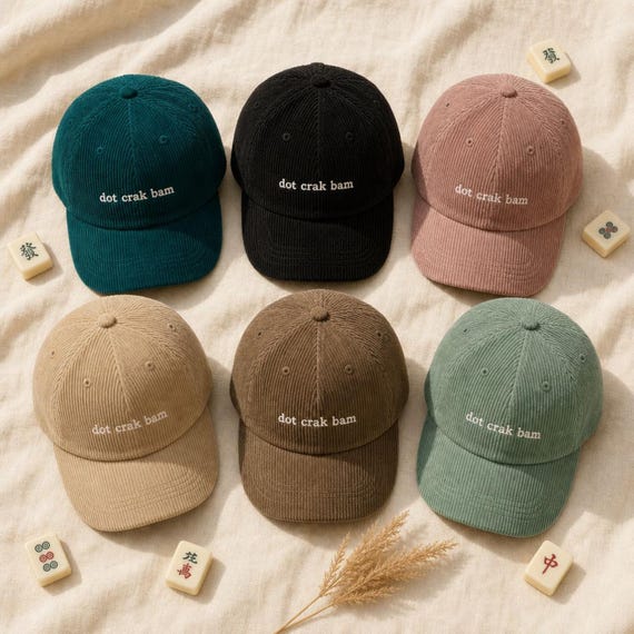 Dot Crak Bam Mahjong Corduroy Hat Embroidered Vintage Cap Game Night Tile Lover detail