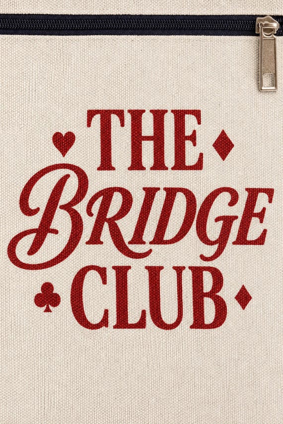 Bridge Club Tote Bag Zippered Canvas Card Game Natural Cotton detail