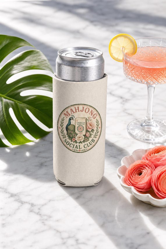 Mahjong Social Club Can Cooler East Wind Drinks First Peacock Floral Game Night detail