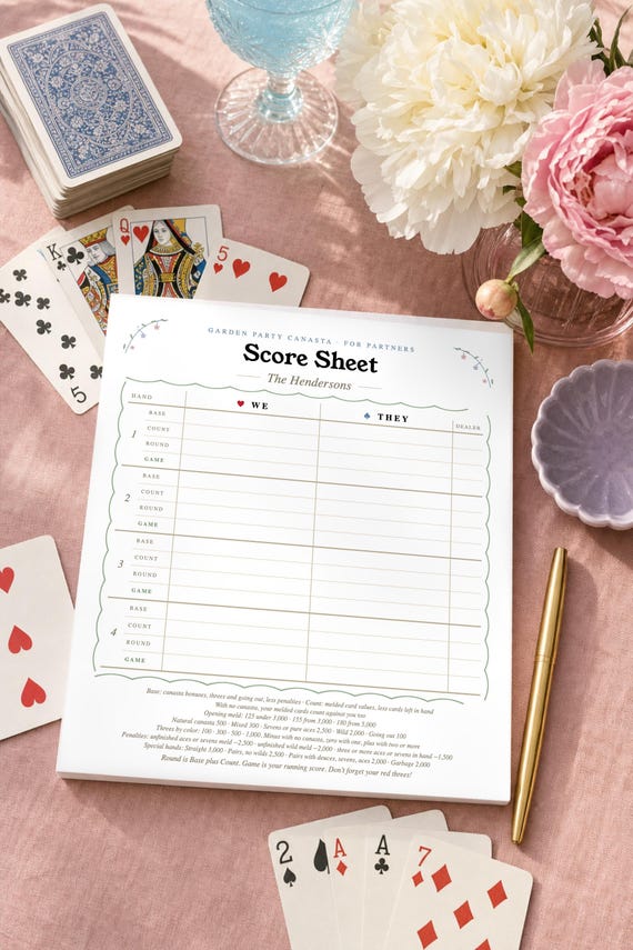 Canasta Score Pad: Personalized Notepad, 2 Sizes, Tear Off Pages, Garden Party Floral detail